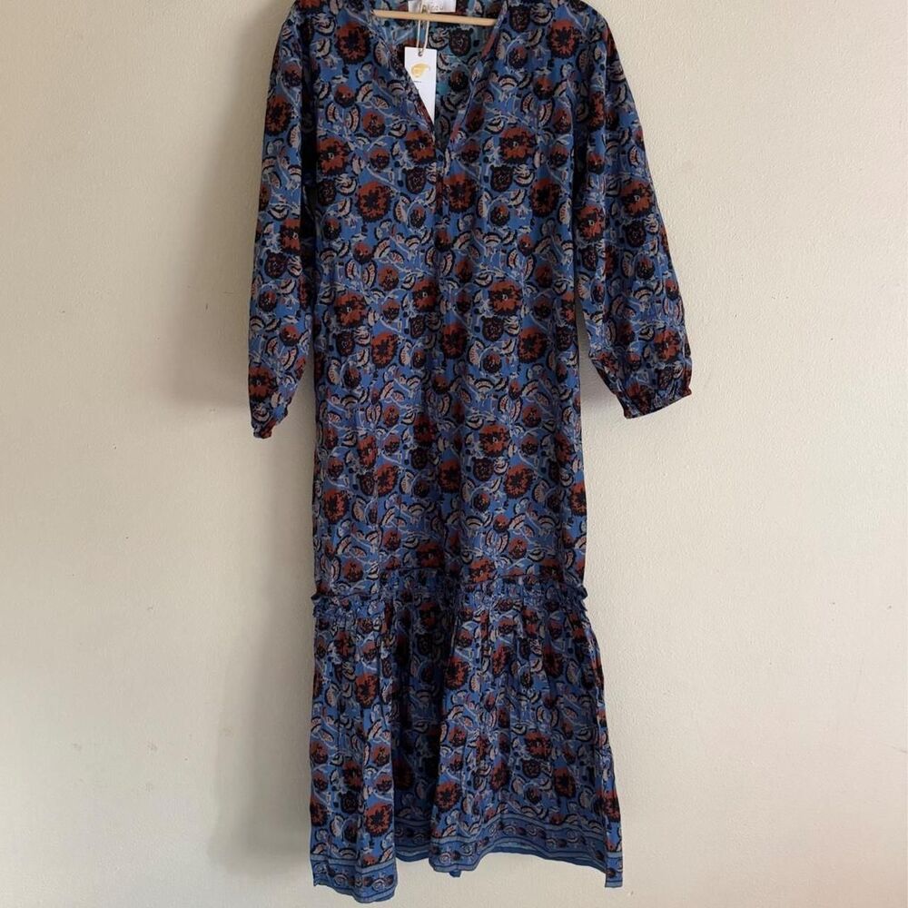 NWT Bindu Nola Maxi Dress L Blue Floral Cotton Block Print Boho Resort